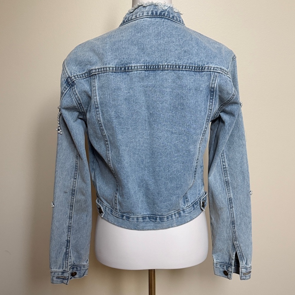 Cropped Denim Jacket Pearl Star Patches Frayed Collar Light Wash Jean Jacket- M - Picture 5 of 5